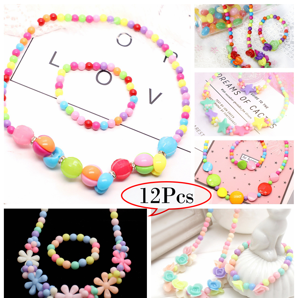 LNKOO Little Girls Necklace Bracelet, 6 Sets Kids Lovely Beaded Necklace  and Bracelet Colorful Beads Jewelry Princess Dress up for Toddlers Kids  Gift Pretend Play Party Favors 